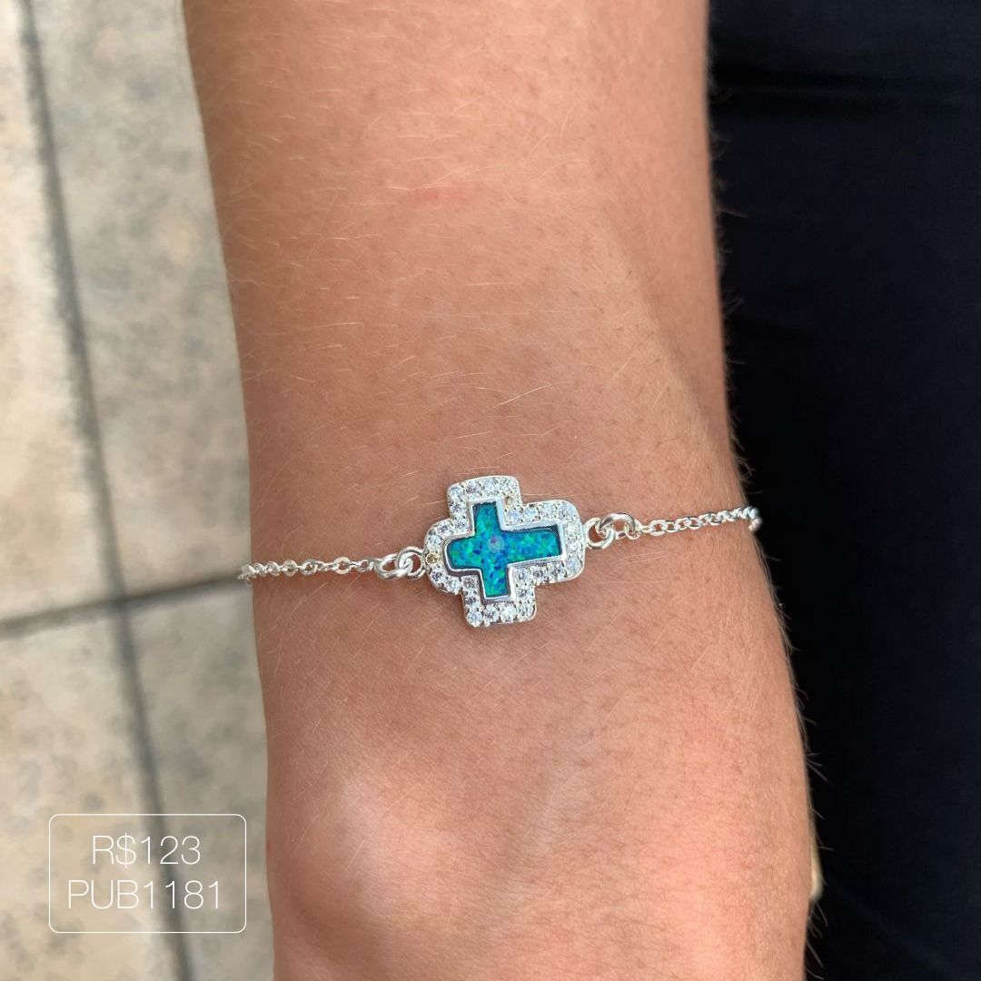 Pulseira Cruz Opala Prateada